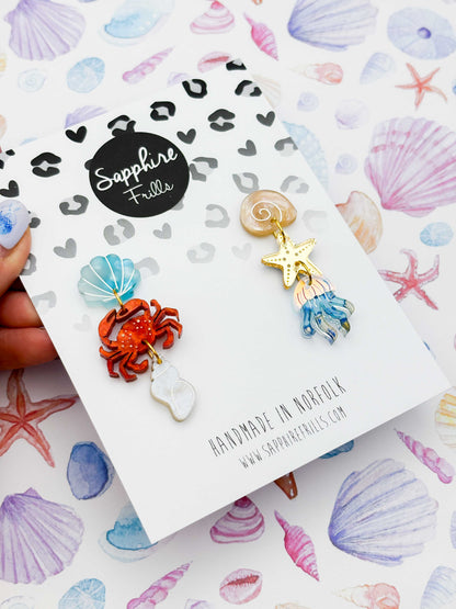 Beach and Sea Life Blue and Orange Mismatch Dangle Earrings – Hypoallergenic Stainless Steel