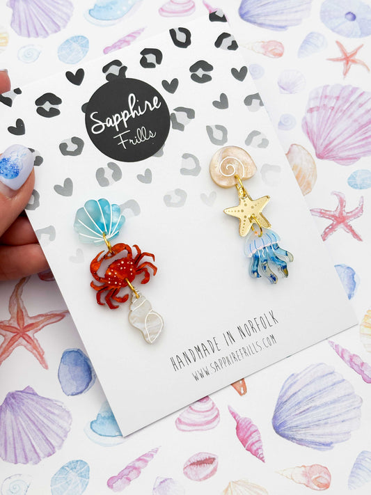 Beach and Sea Life Blue and Orange Mismatch Dangle Earrings – Hypoallergenic Stainless Steel