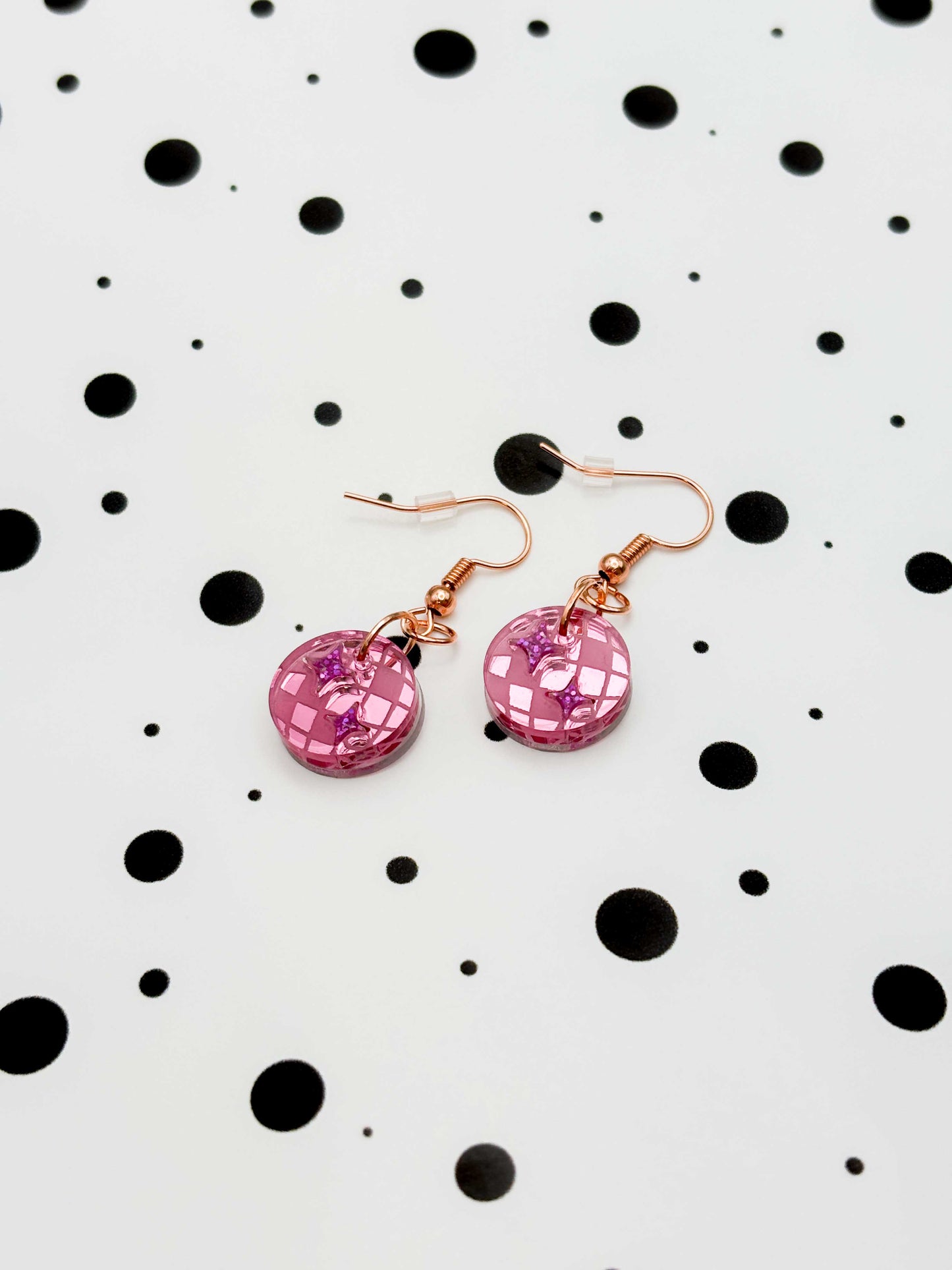 Small Pink Mirror and Holographic Magenta Glitter Acrylic Disco Ball Dangle Earrings