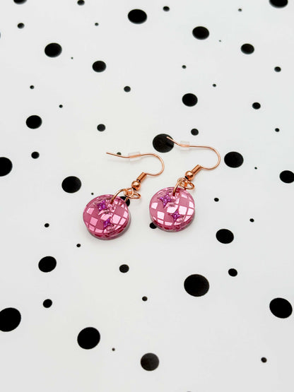 Small Pink Mirror and Holographic Magenta Glitter Acrylic Disco Ball Dangle Earrings or Necklace – Hypoallergenic Stainless Steel