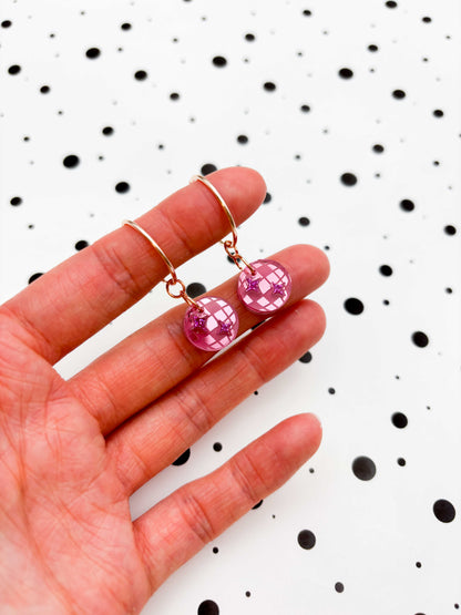 Small Pink Mirror and Holographic Magenta Glitter Acrylic Disco Ball Dangle Earrings or Necklace – Hypoallergenic Stainless Steel