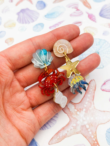 Beach and Sea Life Blue and Orange Mismatch Dangle Earrings – Hypoallergenic Stainless Steel