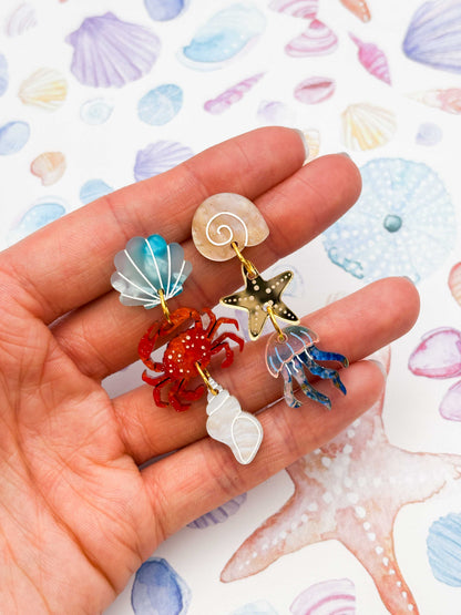 Beach and Sea Life Blue and Orange Mismatch Dangle Earrings – Hypoallergenic Stainless Steel