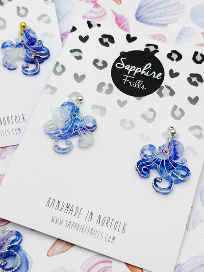 Large Blue and Purple Ink Octopus Dangle Earrings or Necklace – Hypoallergenic Stainless Steel