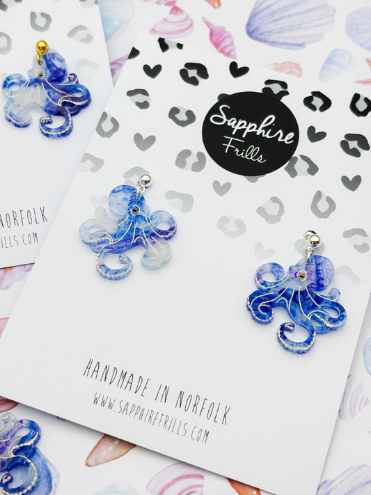 Large Blue and Purple Ink Octopus Dangle Earrings or Necklace – Hypoallergenic Stainless Steel