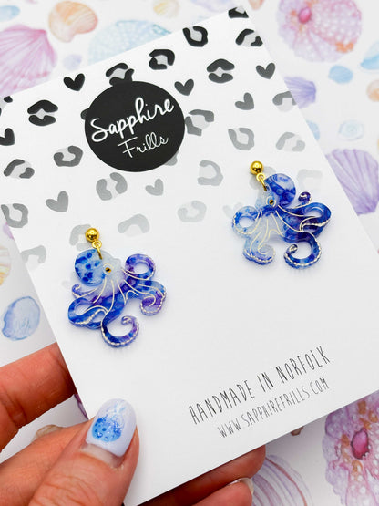 Large Blue and Purple Ink Octopus Dangle Earrings or Necklace – Hypoallergenic Stainless Steel