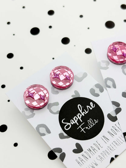 Small Pink Mirror and Holographic Magenta Glitter Acrylic Disco Ball Stud Earrings – Hypoallergenic Stainless Steel