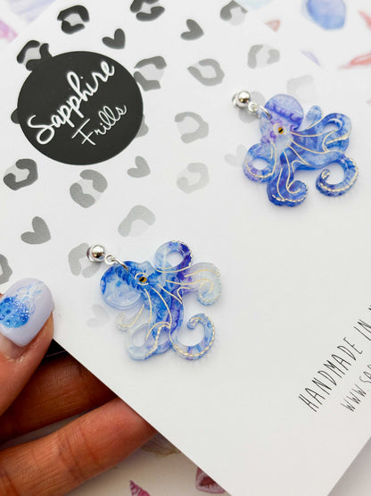 Large Blue and Purple Ink Octopus Dangle Earrings or Necklace – Hypoallergenic Stainless Steel