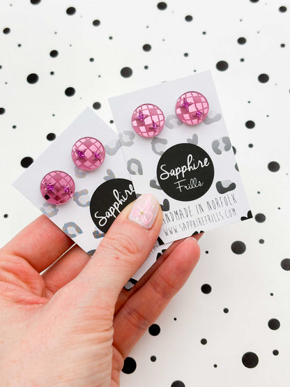 Small Pink Mirror and Holographic Magenta Glitter Acrylic Disco Ball Stud Earrings – Hypoallergenic Stainless Steel