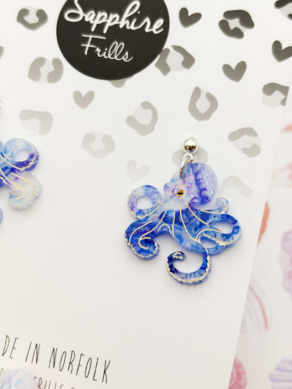Large Blue and Purple Ink Octopus Dangle Earrings or Necklace – Hypoallergenic Stainless Steel