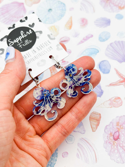 Large Blue and Purple Ink Octopus Dangle Earrings or Necklace – Hypoallergenic Stainless Steel