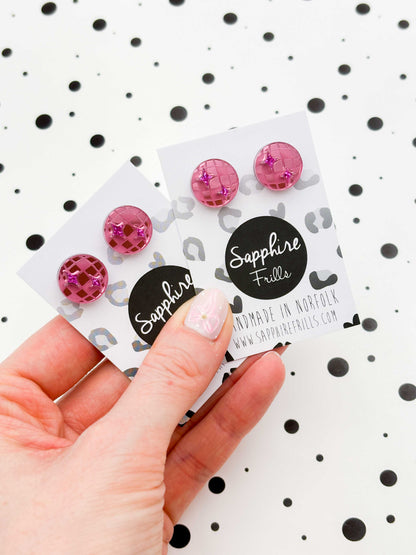 Small Pink Mirror and Holographic Magenta Glitter Acrylic Disco Ball Stud Earrings – Hypoallergenic Stainless Steel