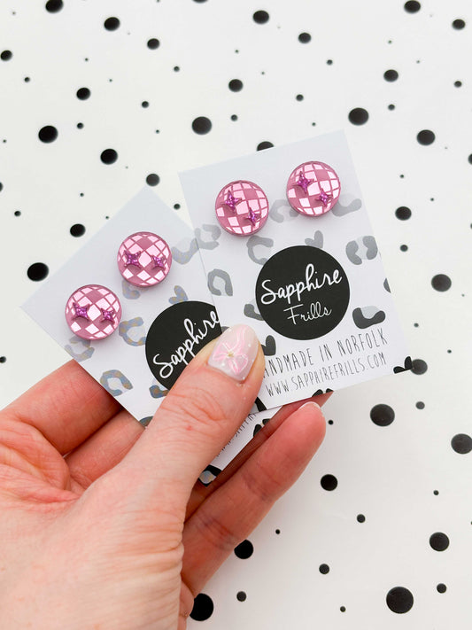 Small Pink Mirror and Holographic Magenta Glitter Acrylic Disco Ball Stud Earrings – Hypoallergenic Stainless Steel