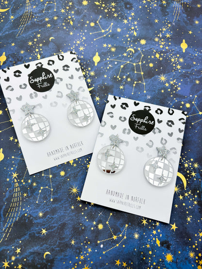 Large Silver Mirror Disco Ball and Holographic Silver Glitter Star Acrylic Dangle Earrings – Hypoallergenic Stainless Steel
