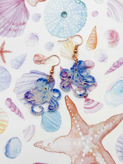 Large Blue and Purple Ink Octopus Dangle Earrings or Necklace – Hypoallergenic Stainless Steel