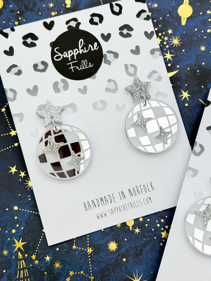 Large Silver Mirror Disco Ball and Holographic Silver Glitter Star Acrylic Dangle Earrings – Hypoallergenic Stainless Steel