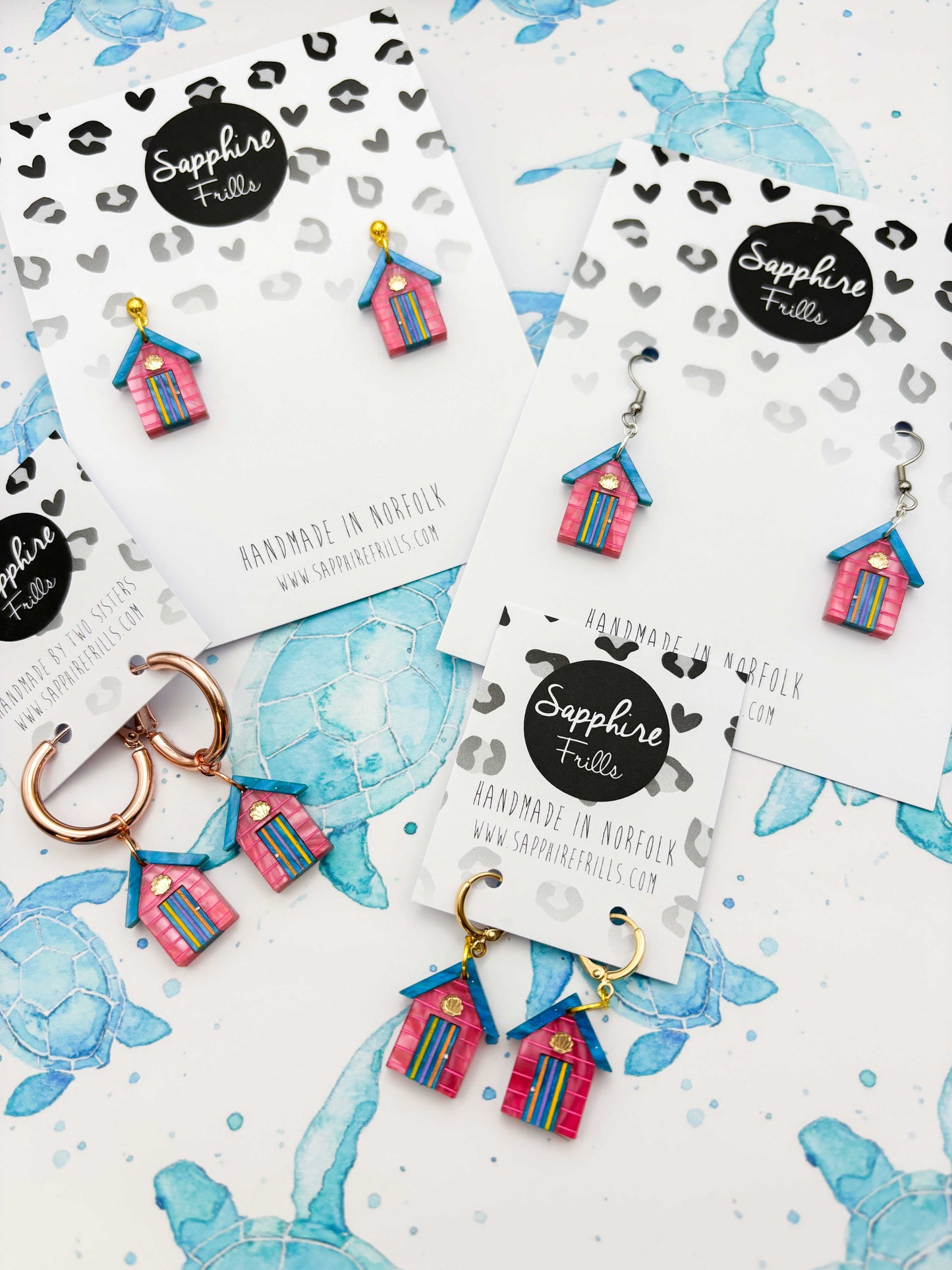 Medium Hot Pink, Turquoise Blue and Yellow Beach Hut Dangle Earrings