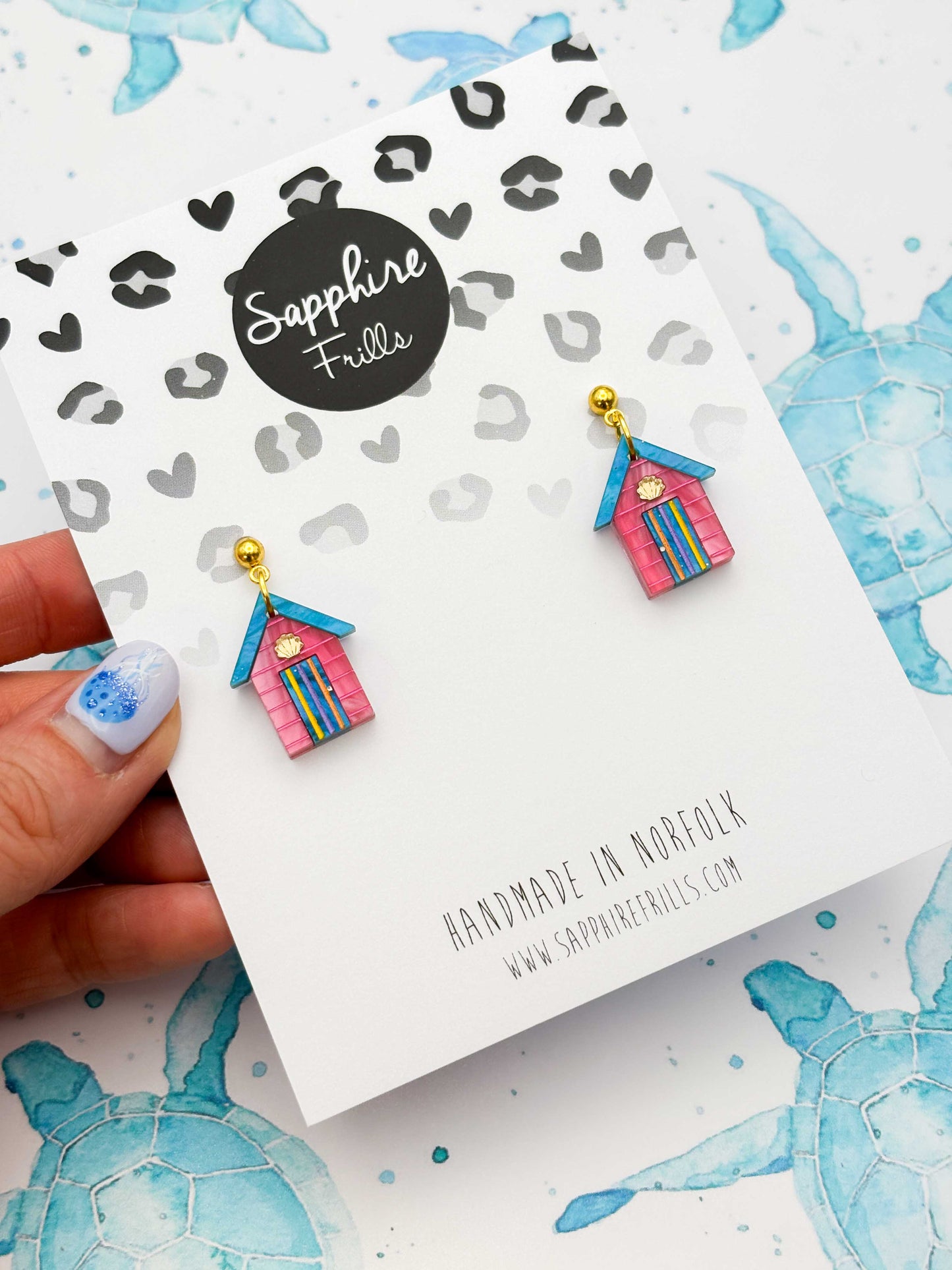 Medium Hot Pink, Turquoise Blue and Yellow Beach Hut Dangle Earrings