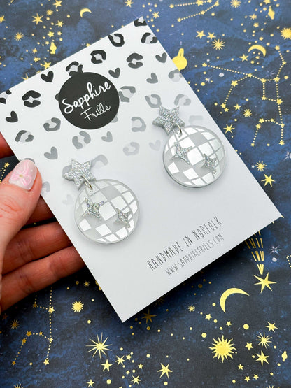 Large Silver Mirror Disco Ball and Holographic Silver Glitter Star Acrylic Dangle Earrings – Hypoallergenic Stainless Steel