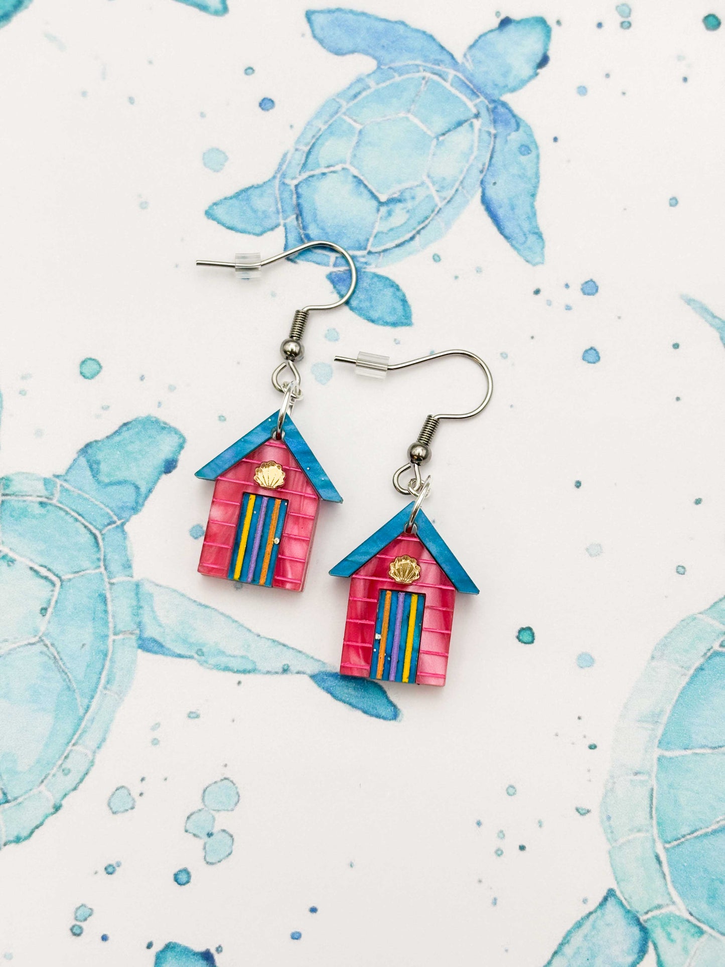Medium Hot Pink, Turquoise Blue and Yellow Beach Hut Dangle Earrings