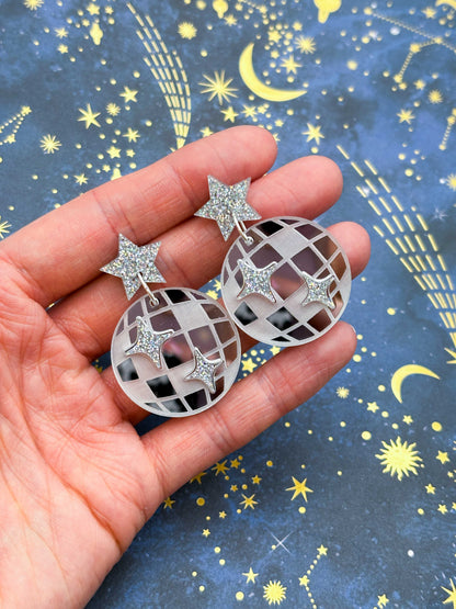 Large Silver Mirror Disco Ball and Holographic Silver Glitter Star Acrylic Dangle Earrings – Hypoallergenic Stainless Steel