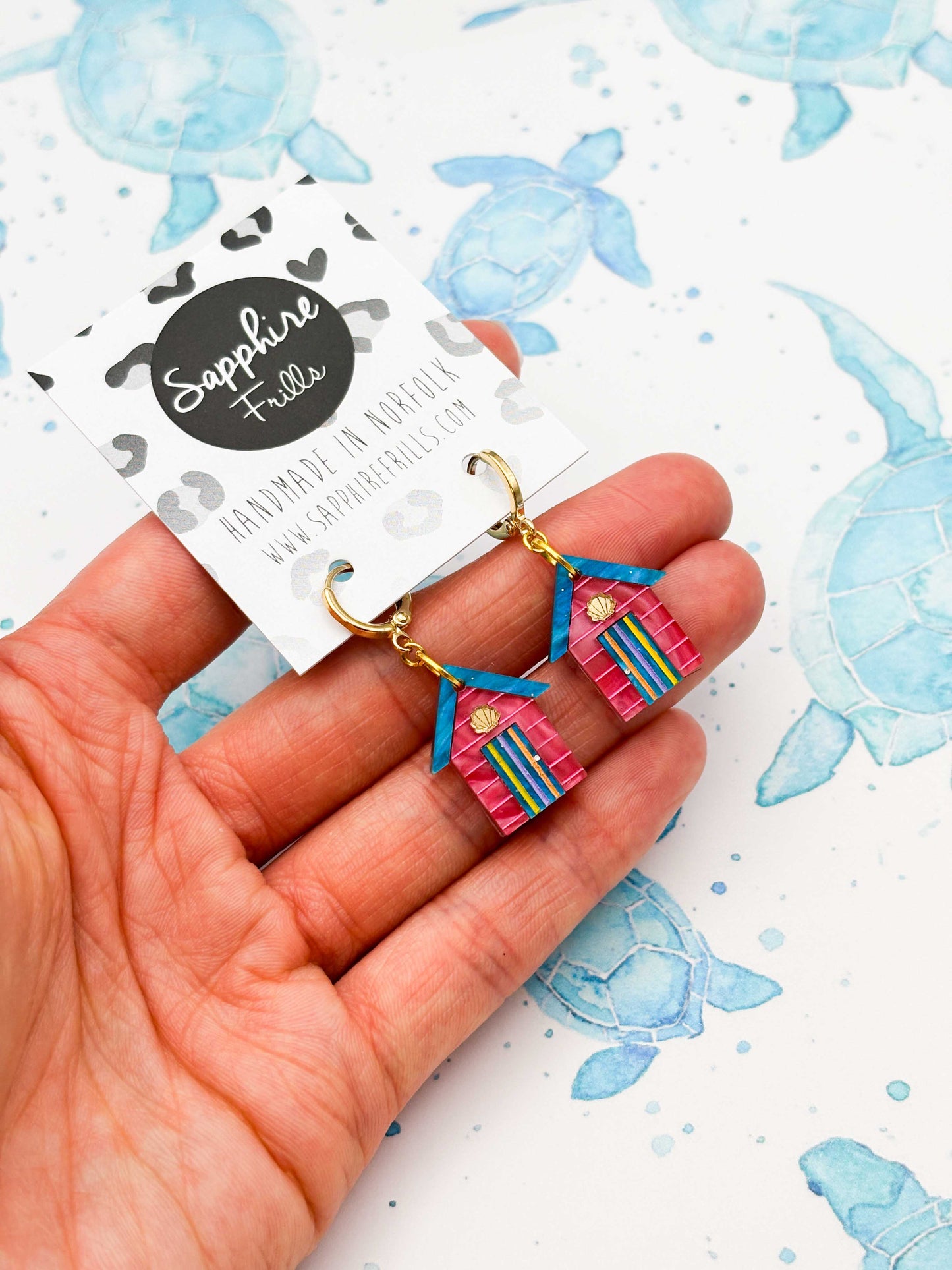 Medium Hot Pink, Turquoise Blue and Yellow Beach Hut Dangle Earrings