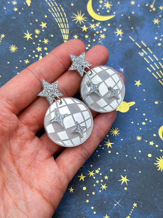 Large Silver Mirror Disco Ball and Holographic Silver Glitter Star Acrylic Dangle Earrings – Hypoallergenic Stainless Steel