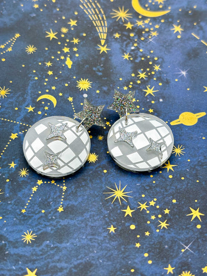Large Silver Mirror Disco Ball and Holographic Silver Glitter Star Acrylic Dangle Earrings – Hypoallergenic Stainless Steel