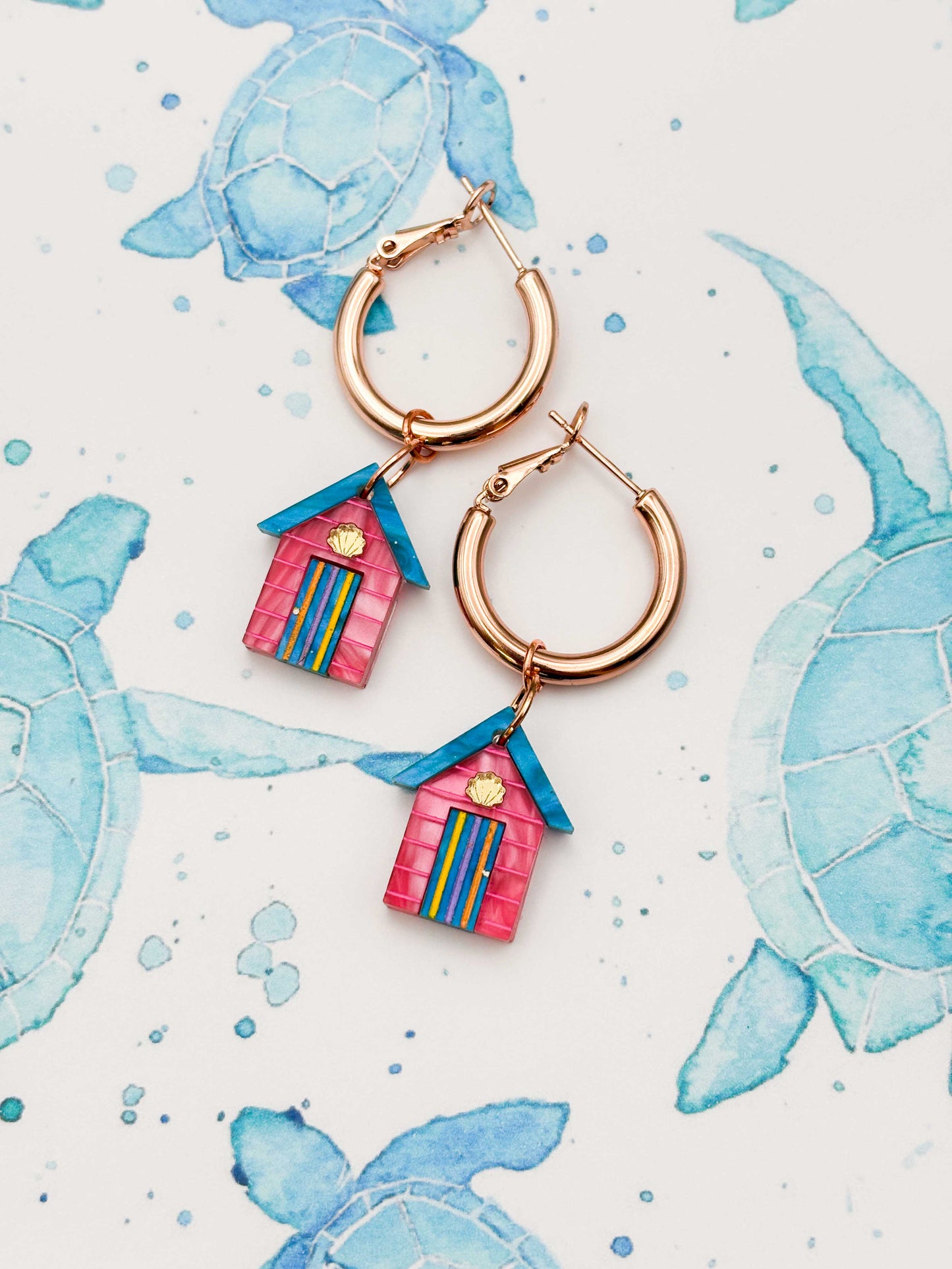 Medium Hot Pink, Turquoise Blue and Yellow Beach Hut Dangle Earrings