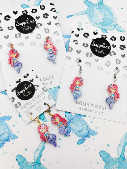 Large Pink and Blue Mermaid Dangle Earrings or Necklace – Hypoallergenic Stainless Steel