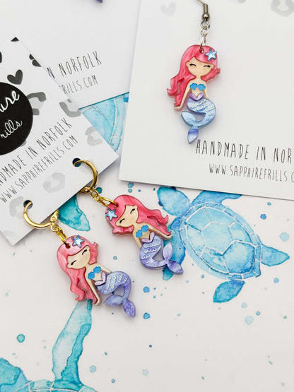 Large Pink and Blue Mermaid Dangle Earrings or Necklace – Hypoallergenic Stainless Steel