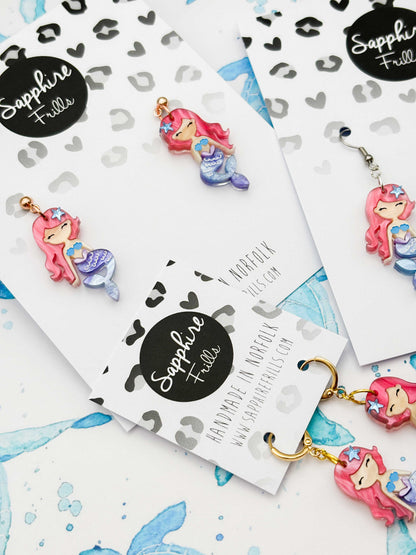 Large Pink and Blue Mermaid Dangle Earrings or Necklace – Hypoallergenic Stainless Steel