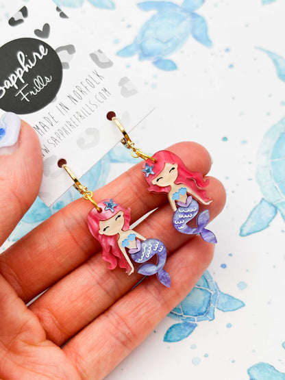Large Pink and Blue Mermaid Dangle Earrings or Necklace – Hypoallergenic Stainless Steel