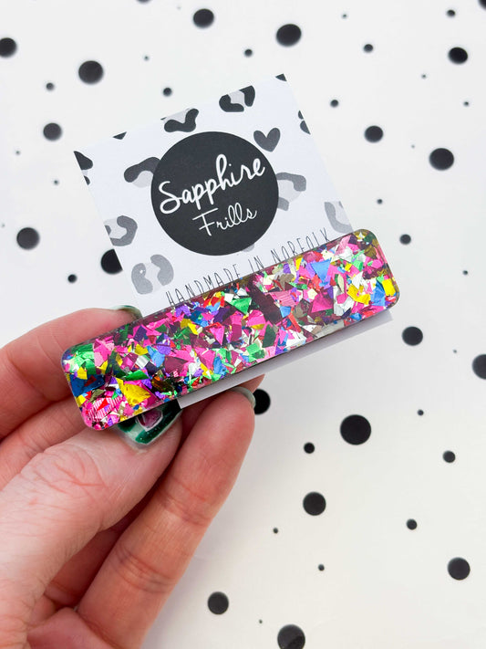 Pink Rainbow Foil Confetti Rectangle Acrylic Hair Clip