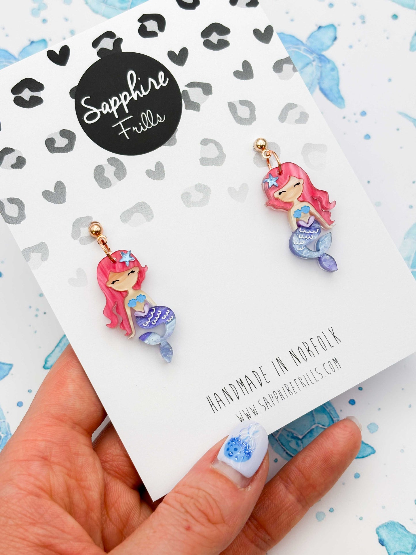 Large Pink and Blue Mermaid Dangle Earrings