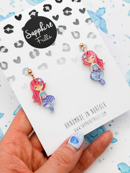 Large Pink and Blue Mermaid Dangle Earrings or Necklace – Hypoallergenic Stainless Steel