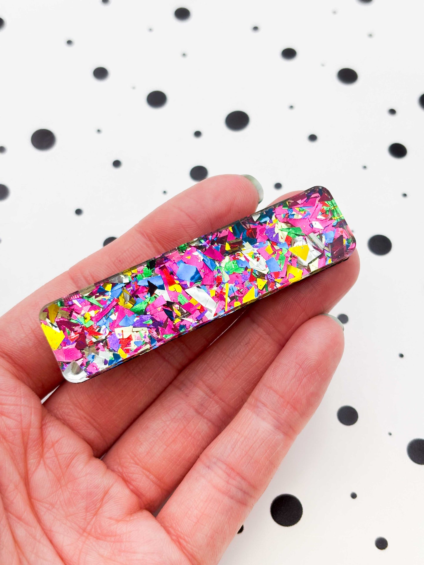 Pink Rainbow Foil Confetti Rectangle Acrylic Hair Clip