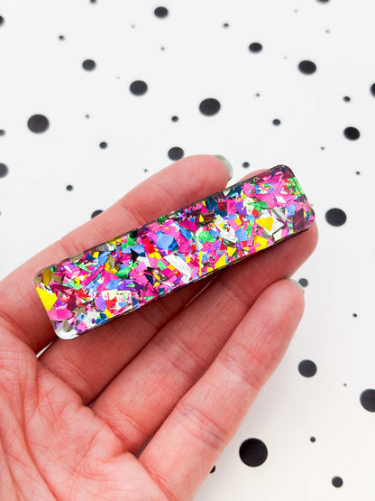 Pink Rainbow Foil Confetti Rectangle Acrylic Hair Clip