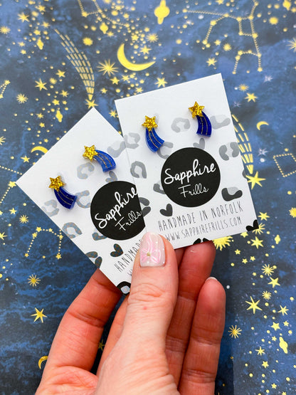 Mini Gold and Blue Glitter Acrylic Shooting Star Stud – Hypoallergenic Stainless Steel