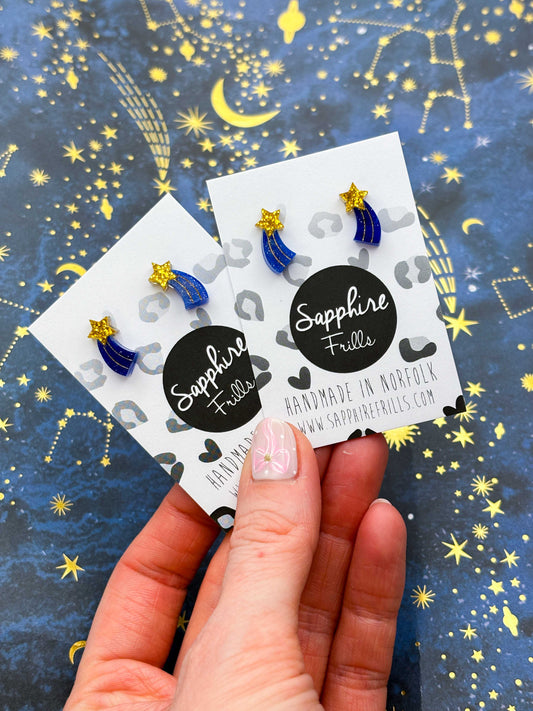 Mini Gold and Blue Glitter Acrylic Shooting Star Stud – Hypoallergenic Stainless Steel