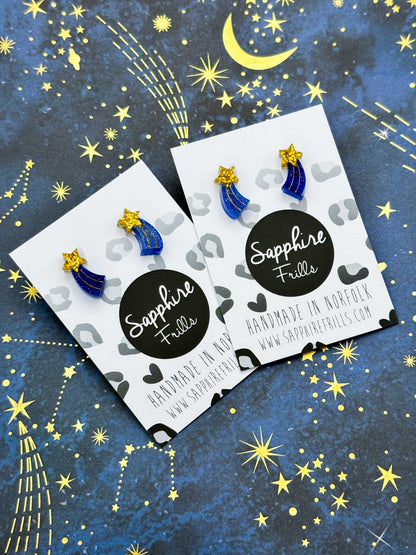 Mini Gold and Blue Glitter Acrylic Shooting Star Stud – Hypoallergenic Stainless Steel