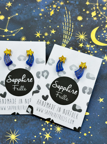 Mini Gold and Blue Glitter Acrylic Shooting Star Stud – Hypoallergenic Stainless Steel
