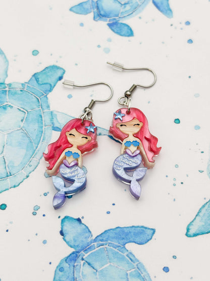 Large Pink and Blue Mermaid Dangle Earrings or Necklace – Hypoallergenic Stainless Steel