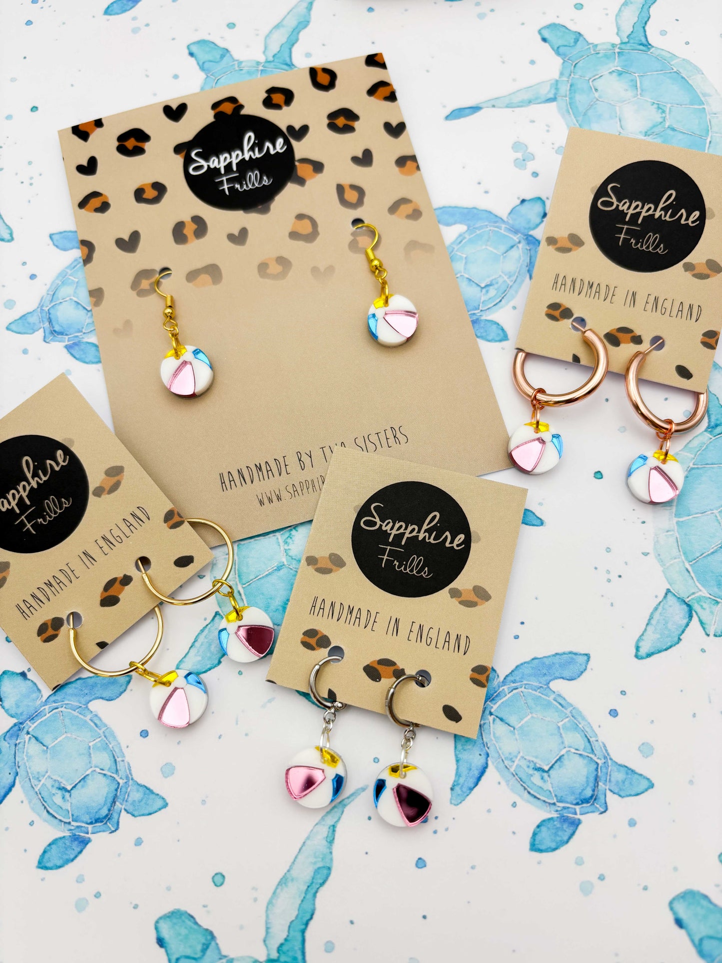 Small Pink, Yellow and Blue Mirror Beach Ball Dangle Earrings