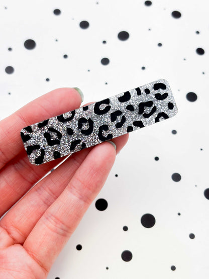 Silver Glitter Leopard Print Rectangle Acrylic Hair Clip