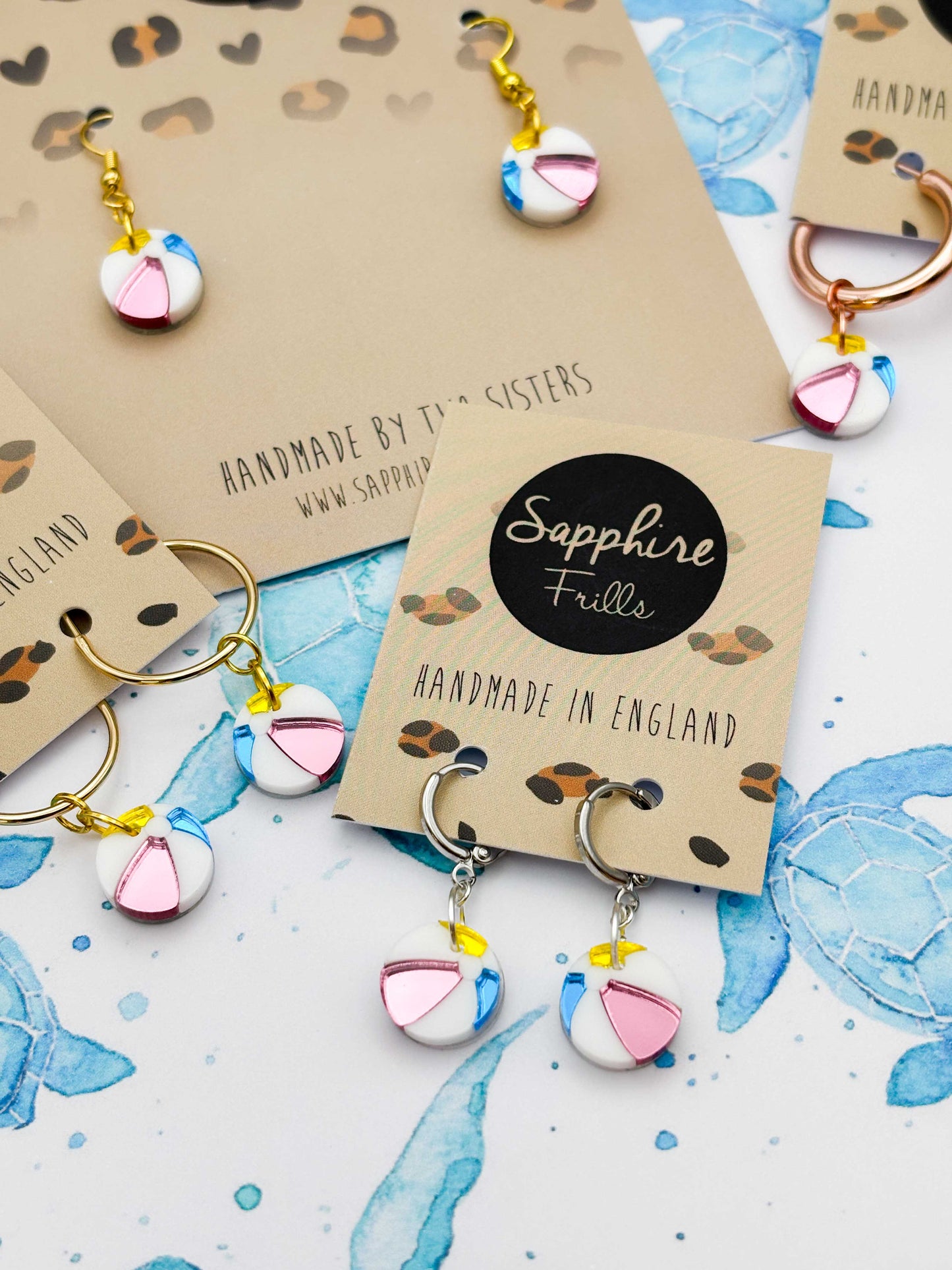 Small Pink, Yellow and Blue Mirror Beach Ball Dangle Earrings