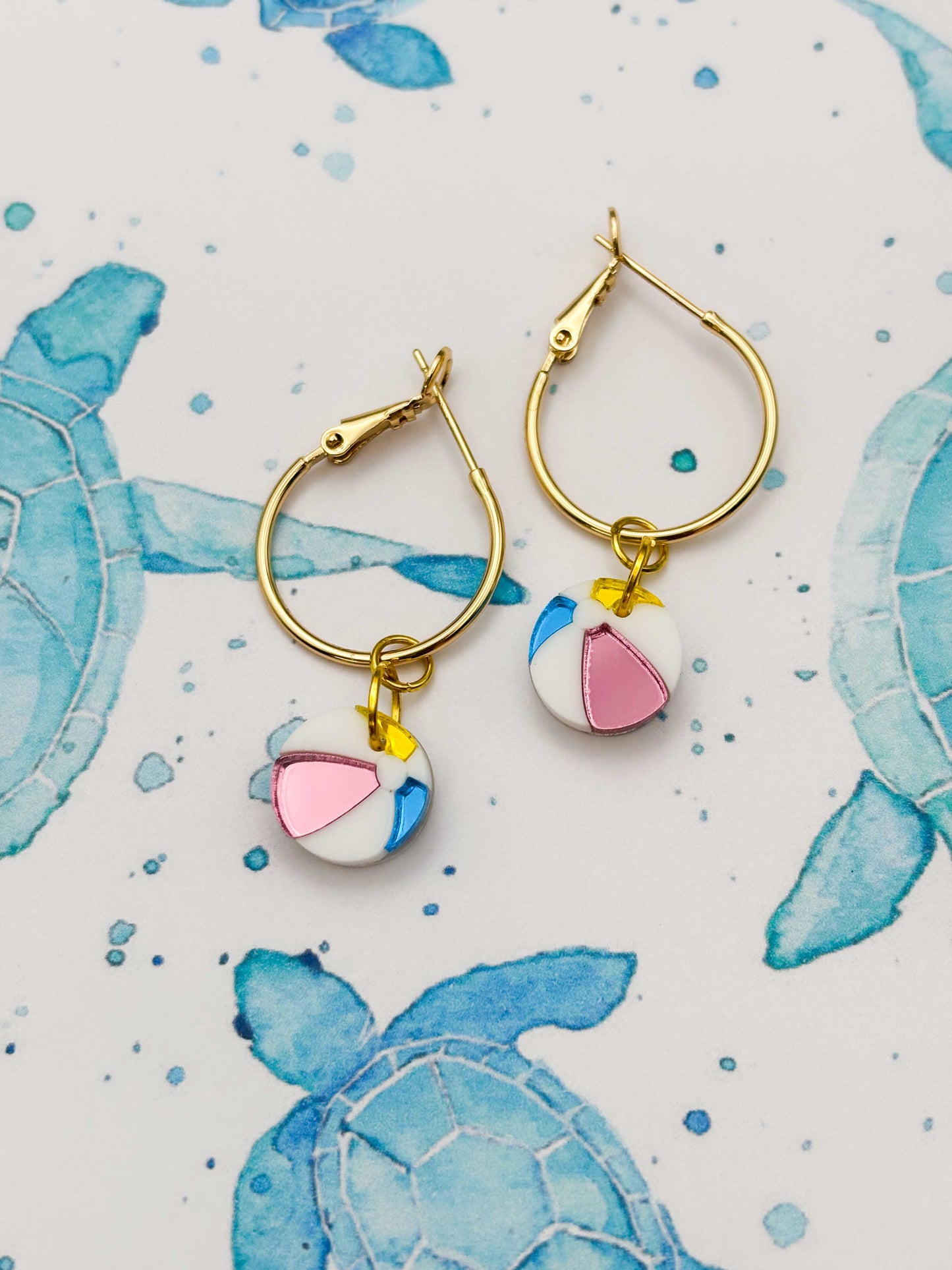 Small Pink, Yellow and Blue Mirror Beach Ball Dangle Earrings