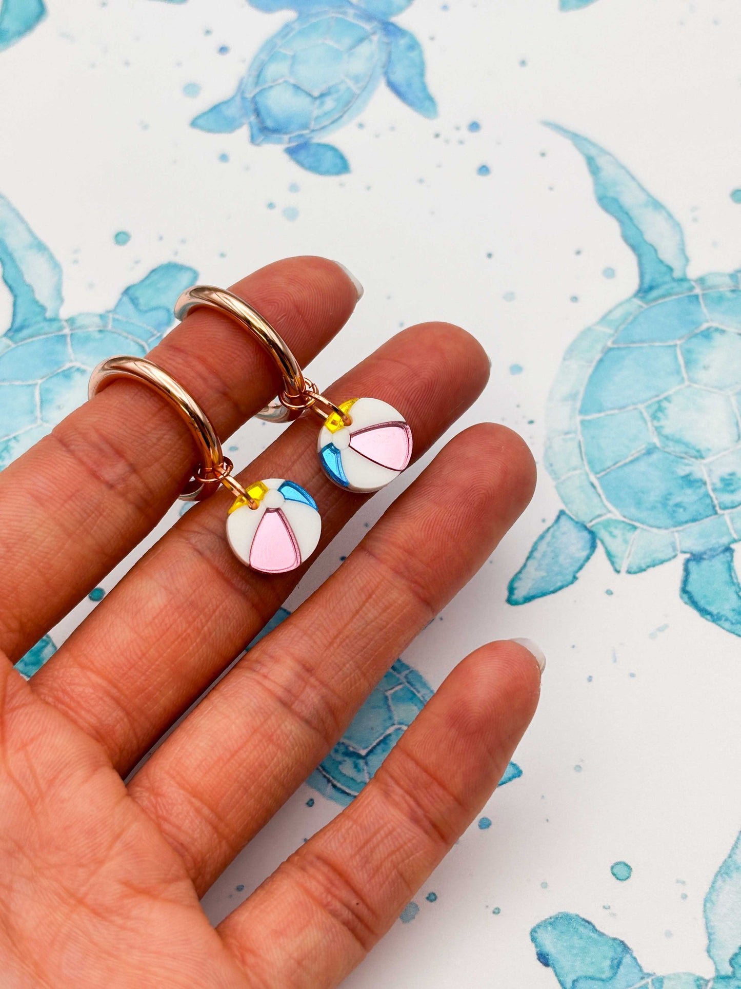 Small Pink, Yellow and Blue Mirror Beach Ball Dangle Earrings
