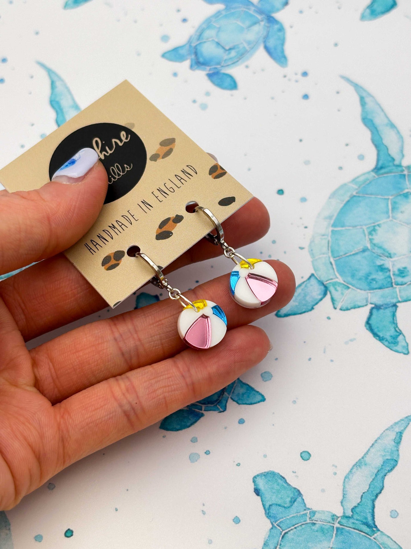 Small Pink, Yellow and Blue Mirror Beach Ball Dangle Earrings