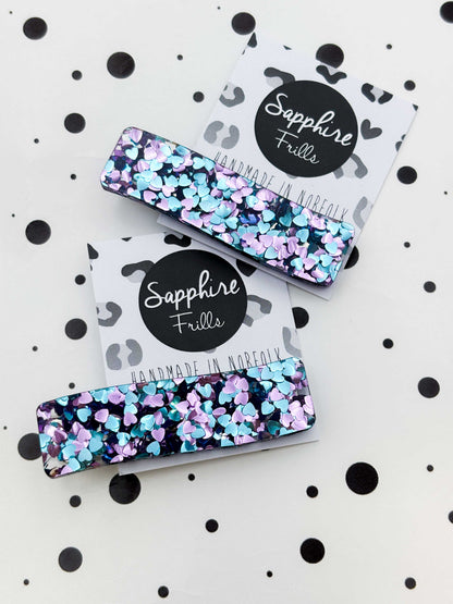 Blue & Lilac Heart Sequin Rectangle Wave Acrylic Hair Clip